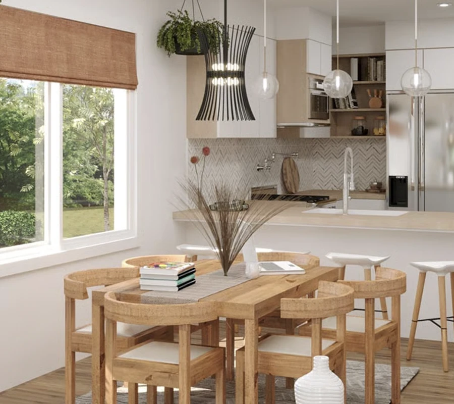 a modern open kitchen and small dining room.